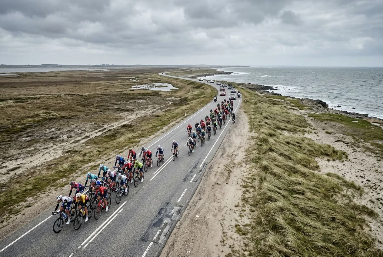 Pelotón de ciclismo partido en abanicos por viento lateral en una carretera llana y expuesta