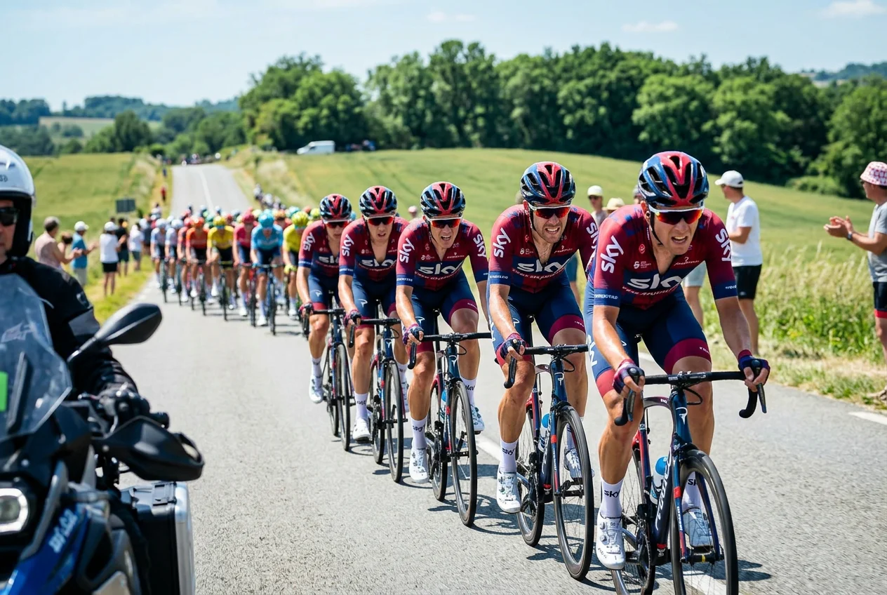 Tren de gregarios de un equipo ciclista profesional tirando del pelotón en formación compacta