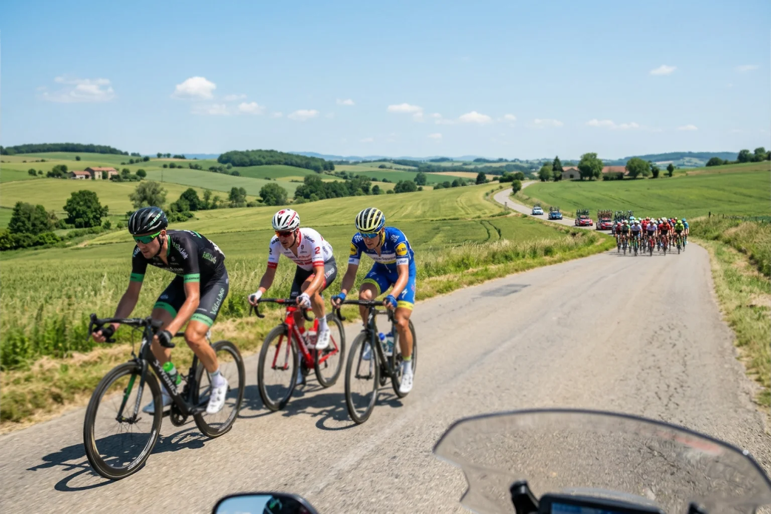 Grupo pequeño de tres ciclistas en escapada rodando por delante del pelotón en una carretera abierta