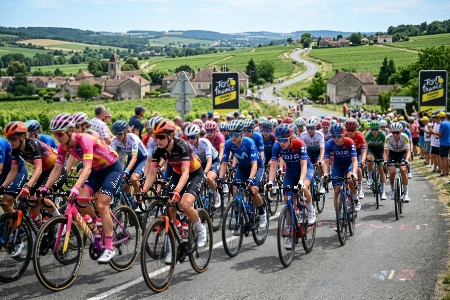 Pelotón femenino de ciclismo profesional rodando en grupo compacto durante una etapa del Tour de France Femmes