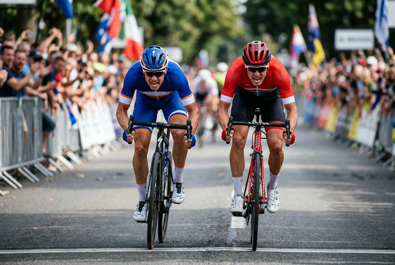 Dos ciclistas profesionales codo con codo disputando un sprint en la recta final de una etapa