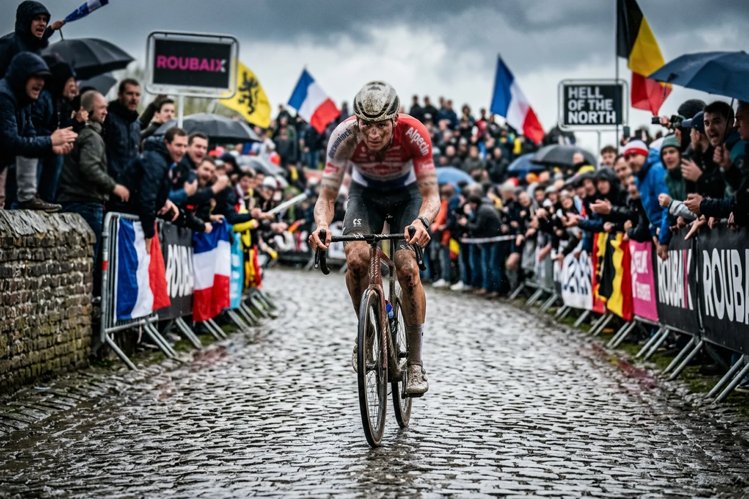Ciclista profesional rodando sobre adoquines mojados en una clásica de ciclismo con barro en la cara y la bicicleta