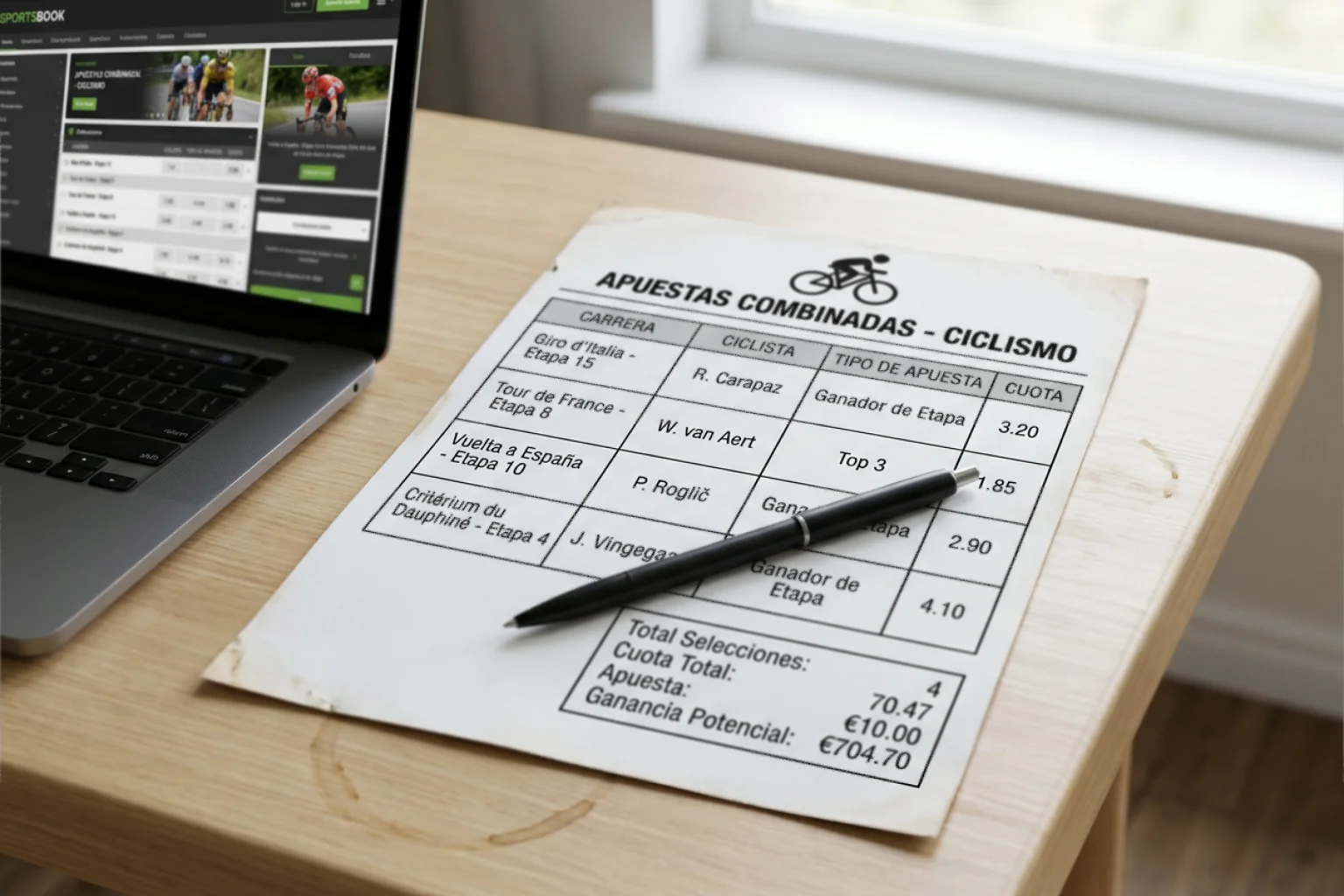 Boleto de apuesta múltiple sobre una mesa con varias selecciones de carreras ciclistas marcadas