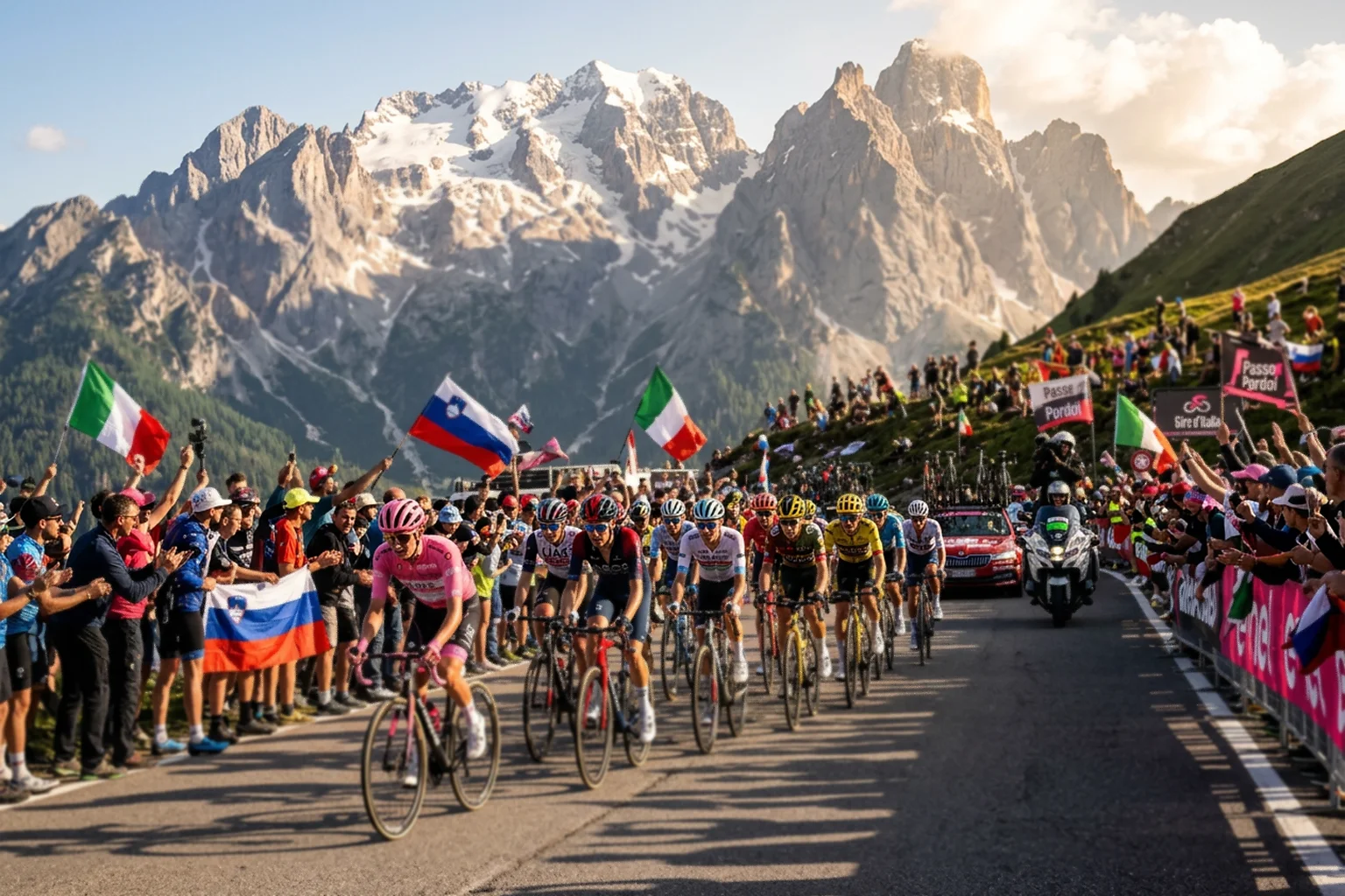 Ciclistas del pelotón del Giro de Italia ascendiendo un puerto de montaña con los Dolomitas nevados al fondo