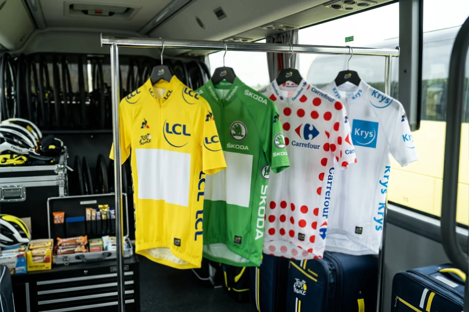 Cuatro maillots del Tour de Francia colgados en un perchero: amarillo, verde, lunares rojos y blanco