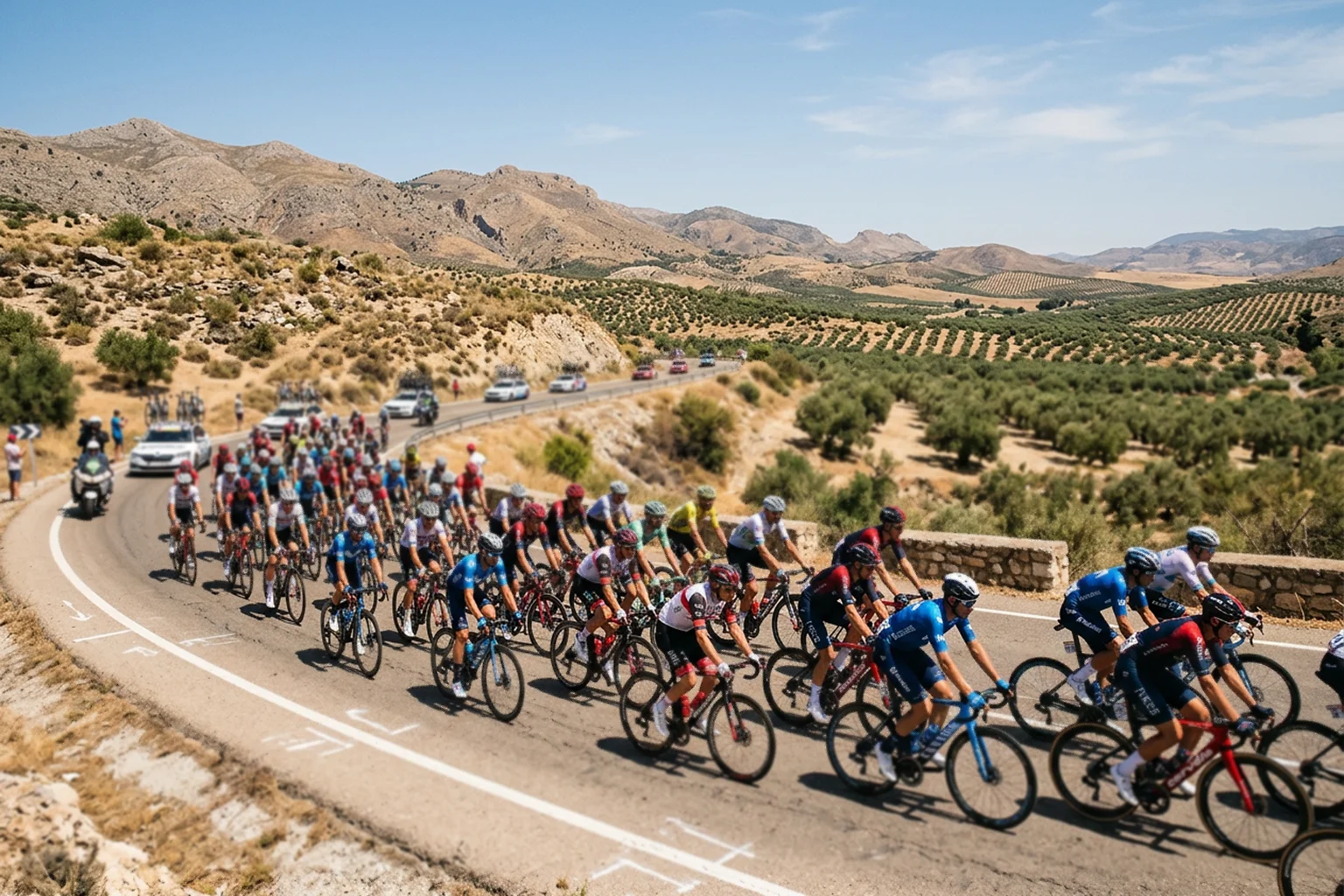Pelotón de la Vuelta a España rodando por una carretera seca del sur de España bajo un cielo azul intenso