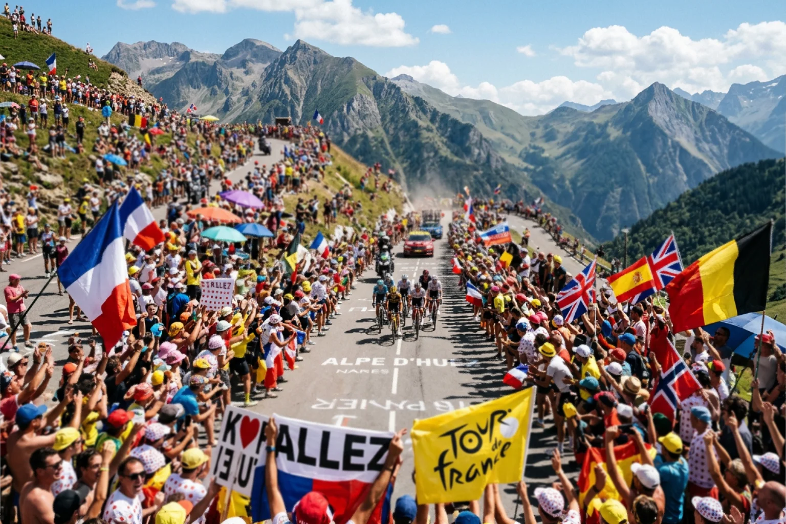 Multitud de espectadores a pie de carretera animando al pelotón del Tour de Francia en una etapa de montaña