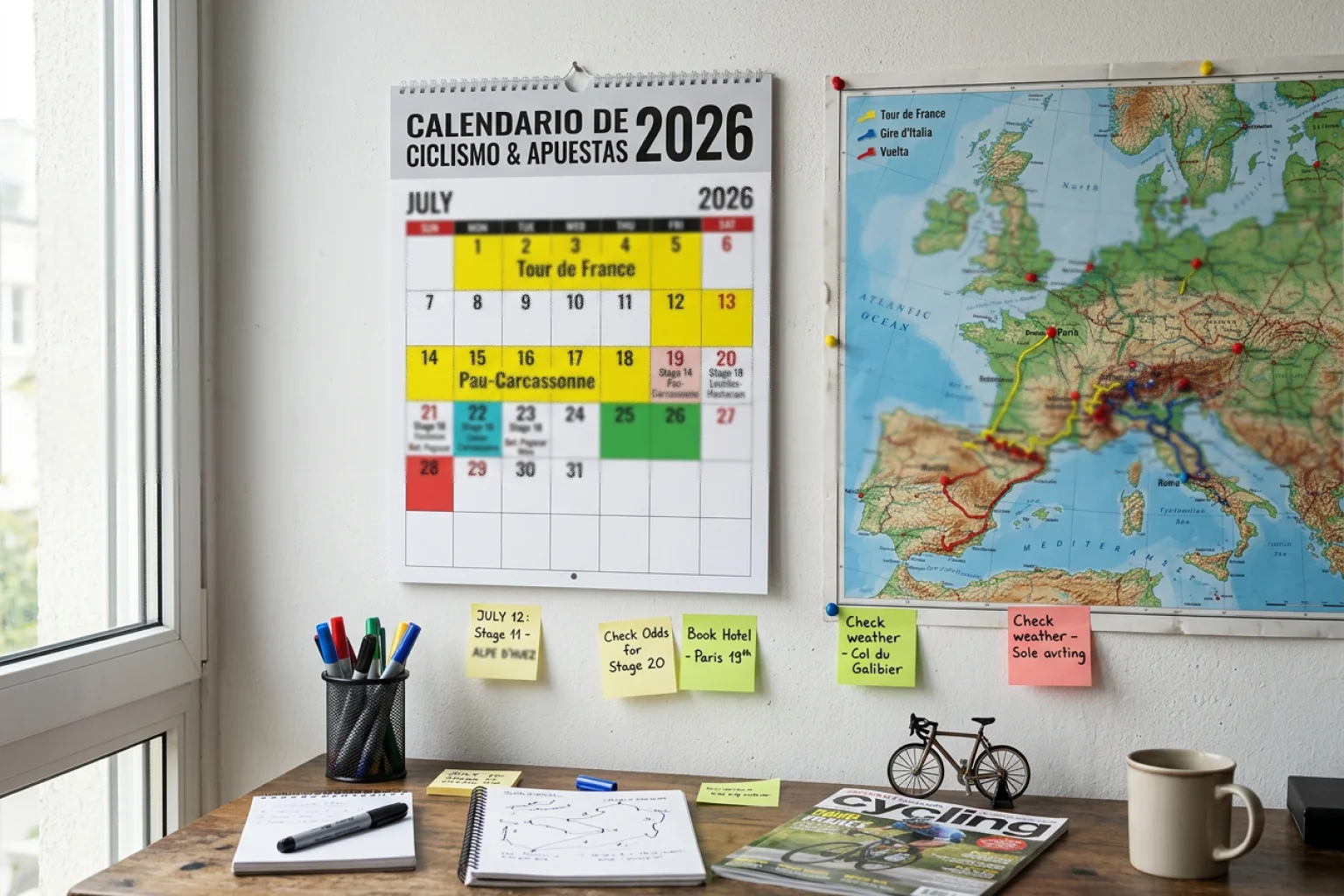 Calendario de pared con fechas de carreras ciclistas marcadas junto a un mapa de Europa con rutas señaladas