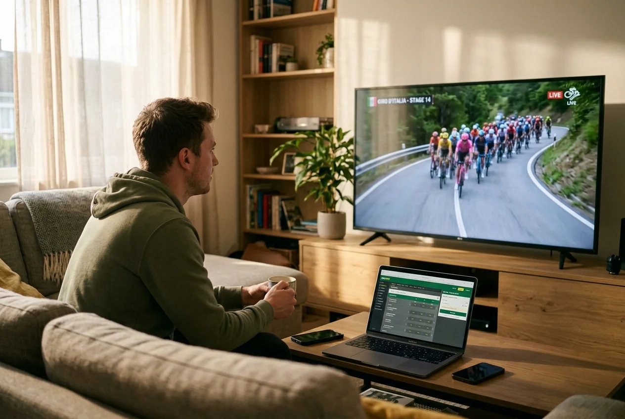 Persona viendo una carrera de ciclismo en televisión con un portátil abierto en una plataforma de apuestas al lado