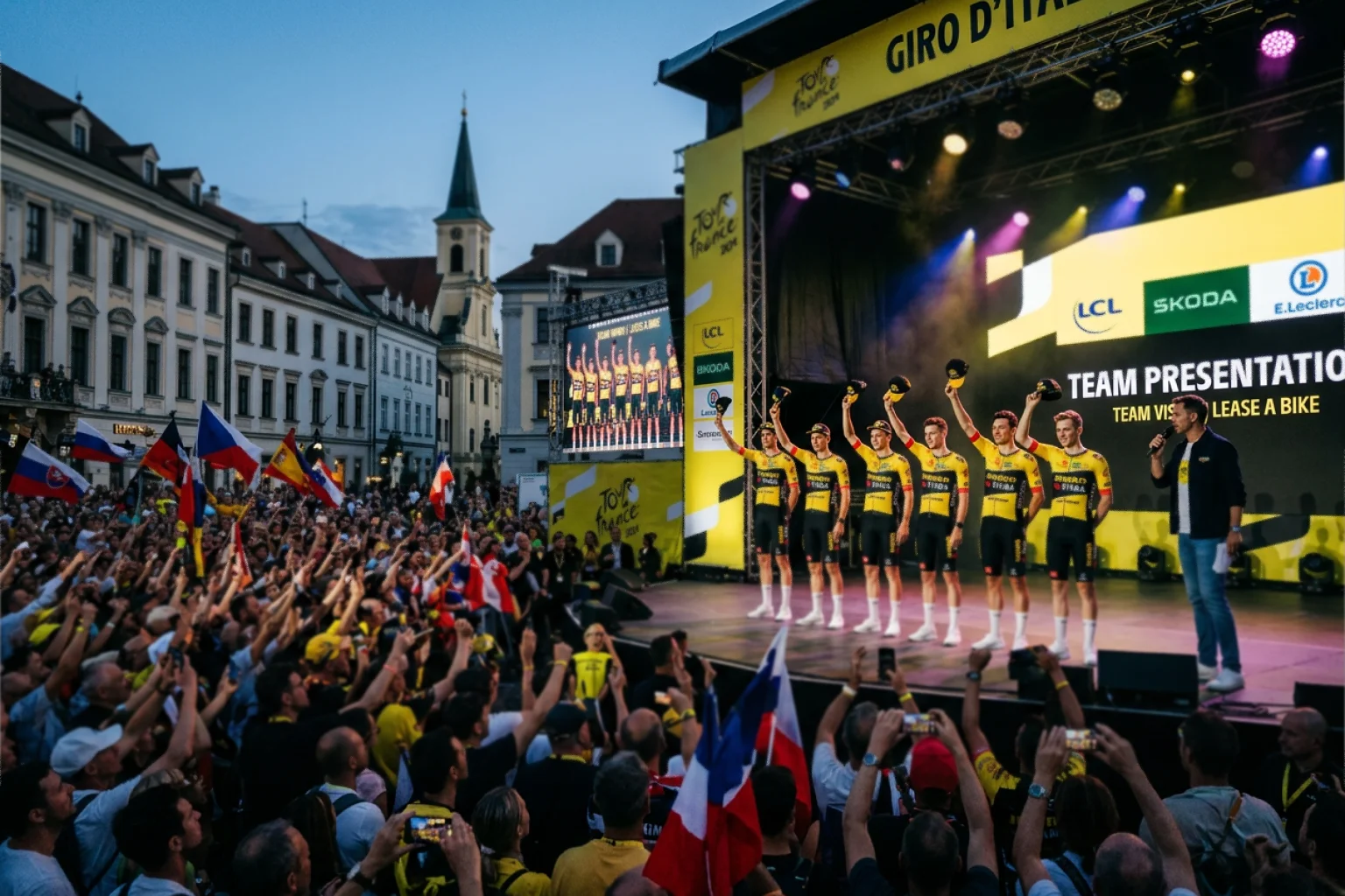 Ciclistas en la presentación de equipos antes del inicio de una gran vuelta con el público al fondo