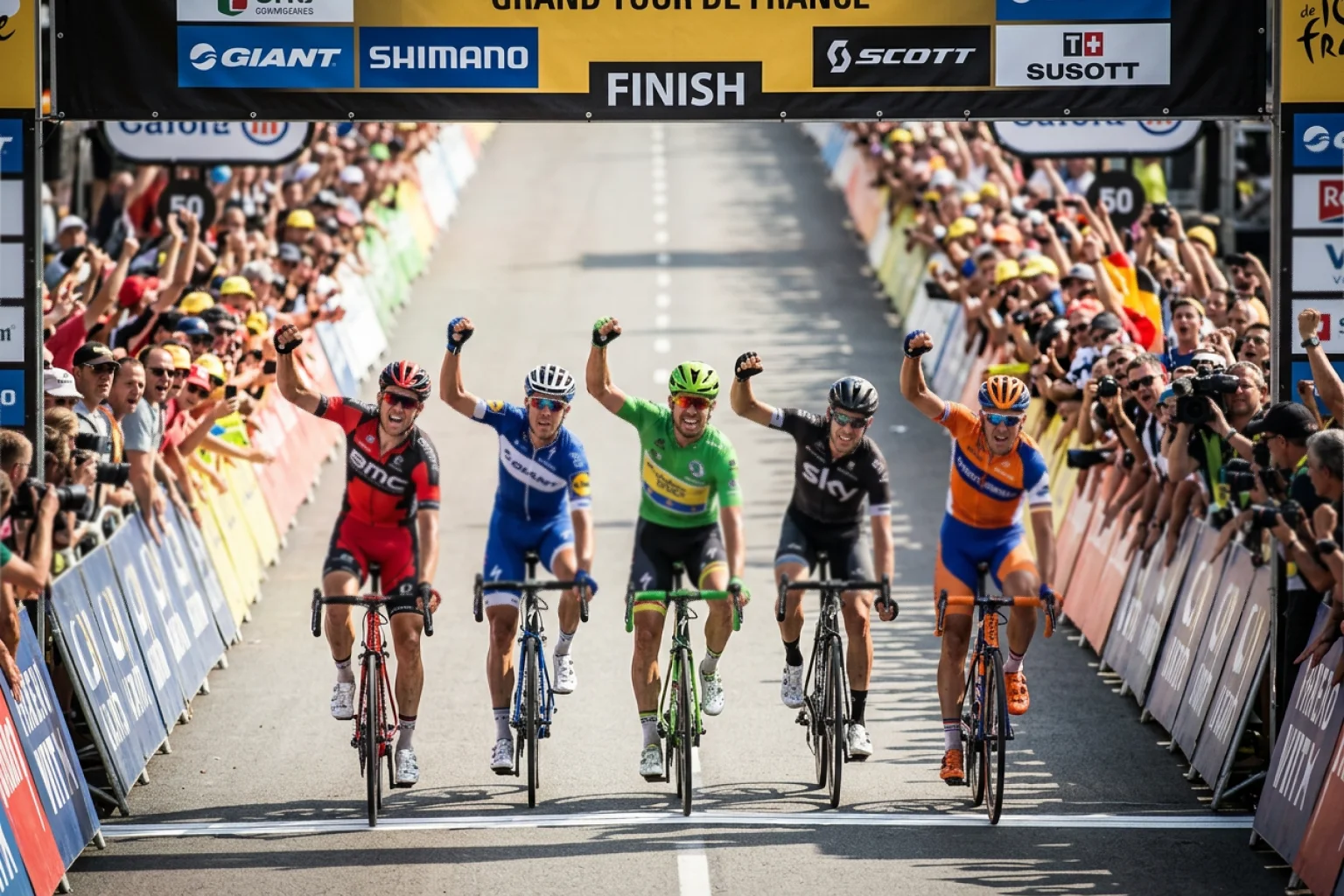 Grupo de cinco ciclistas cruzando la línea de meta muy juntos en un sprint apretado de etapa