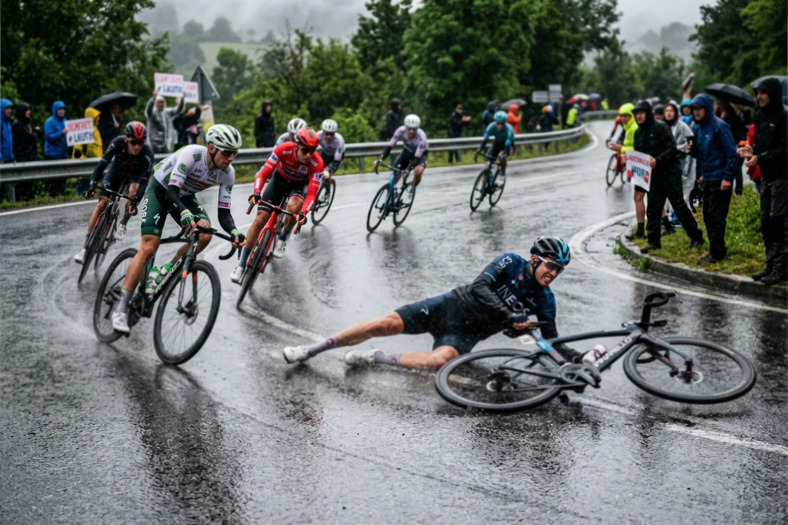 Ciclista profesional cayendo al suelo en una curva mojada durante una carrera de ciclismo en carretera