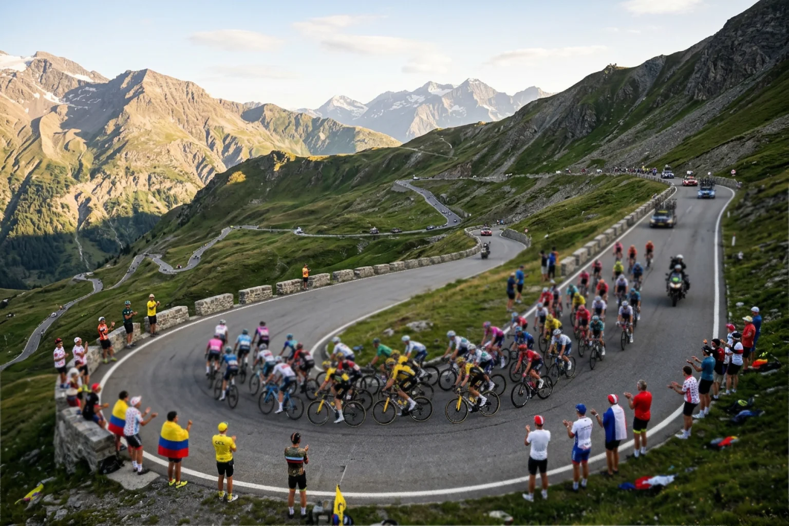 Pelotón ciclista en alta montaña durante una etapa de gran vuelta