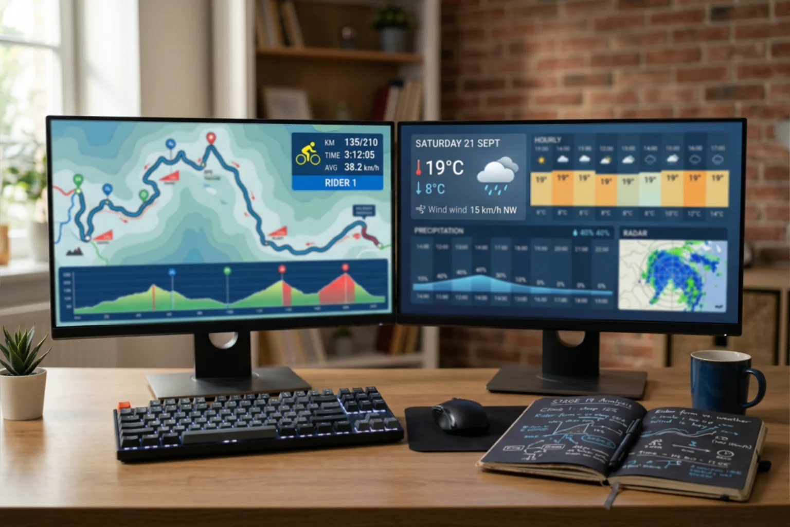 Escritorio con dos monitores mostrando mapas de carrera y datos meteorológicos junto a un cuaderno de notas