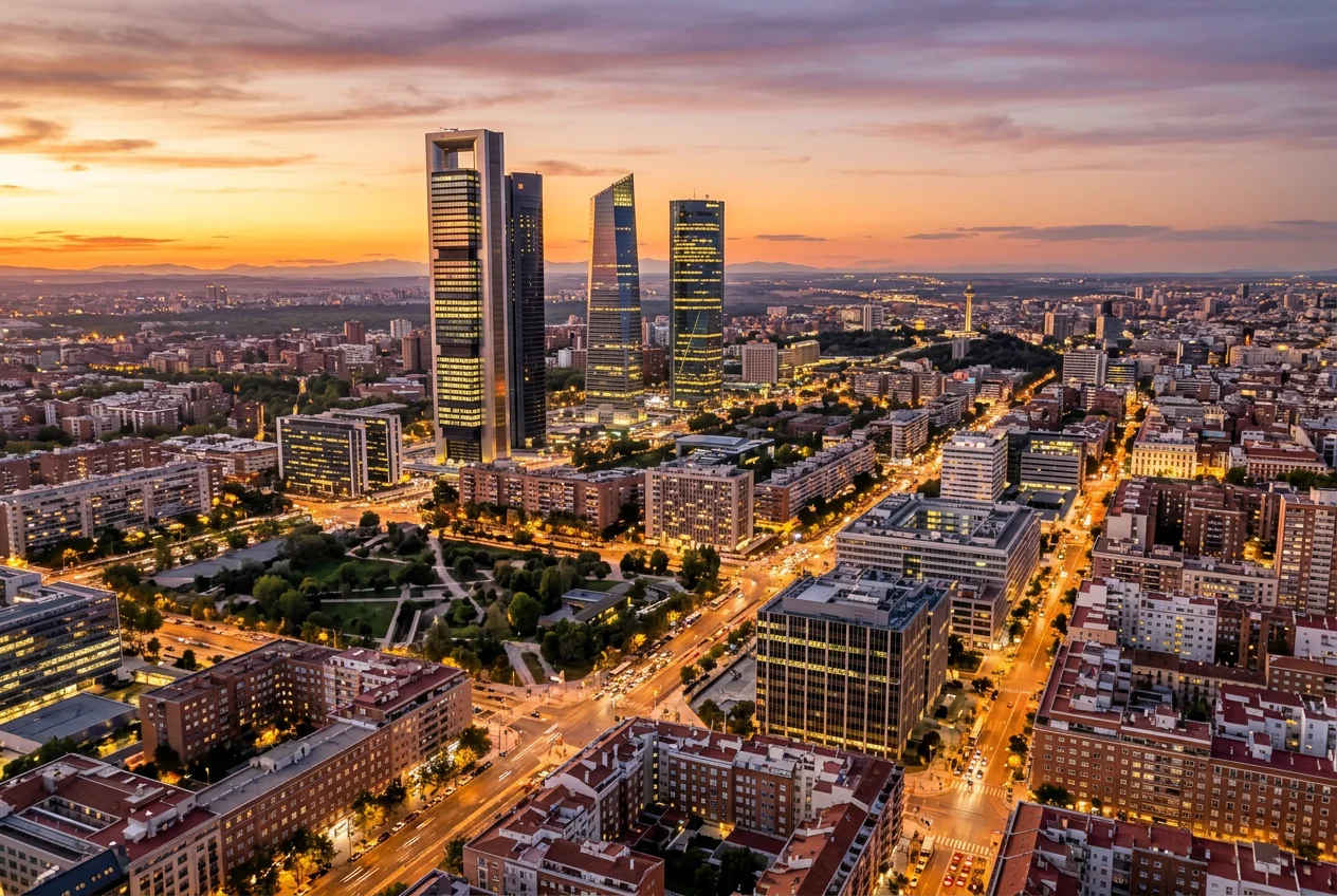 Vista panorámica del skyline de Madrid al atardecer con edificios modernos y luces encendiéndose