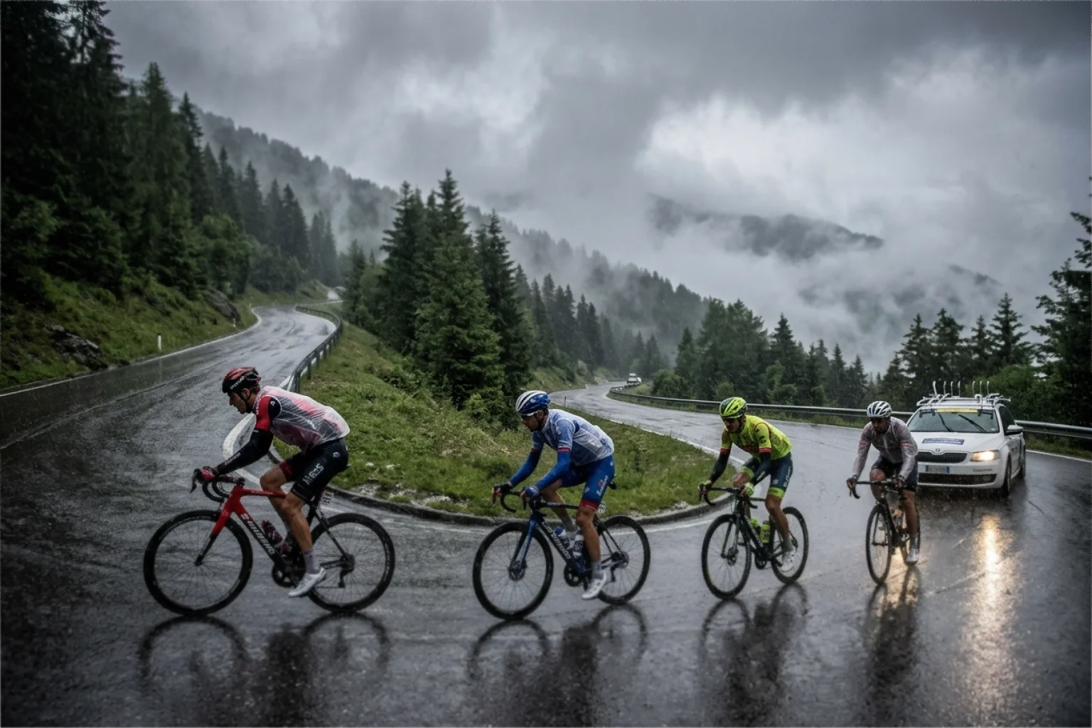 Ciclistas ascendiendo un puerto de montaña bajo lluvia con nubes bajas sobre la carretera