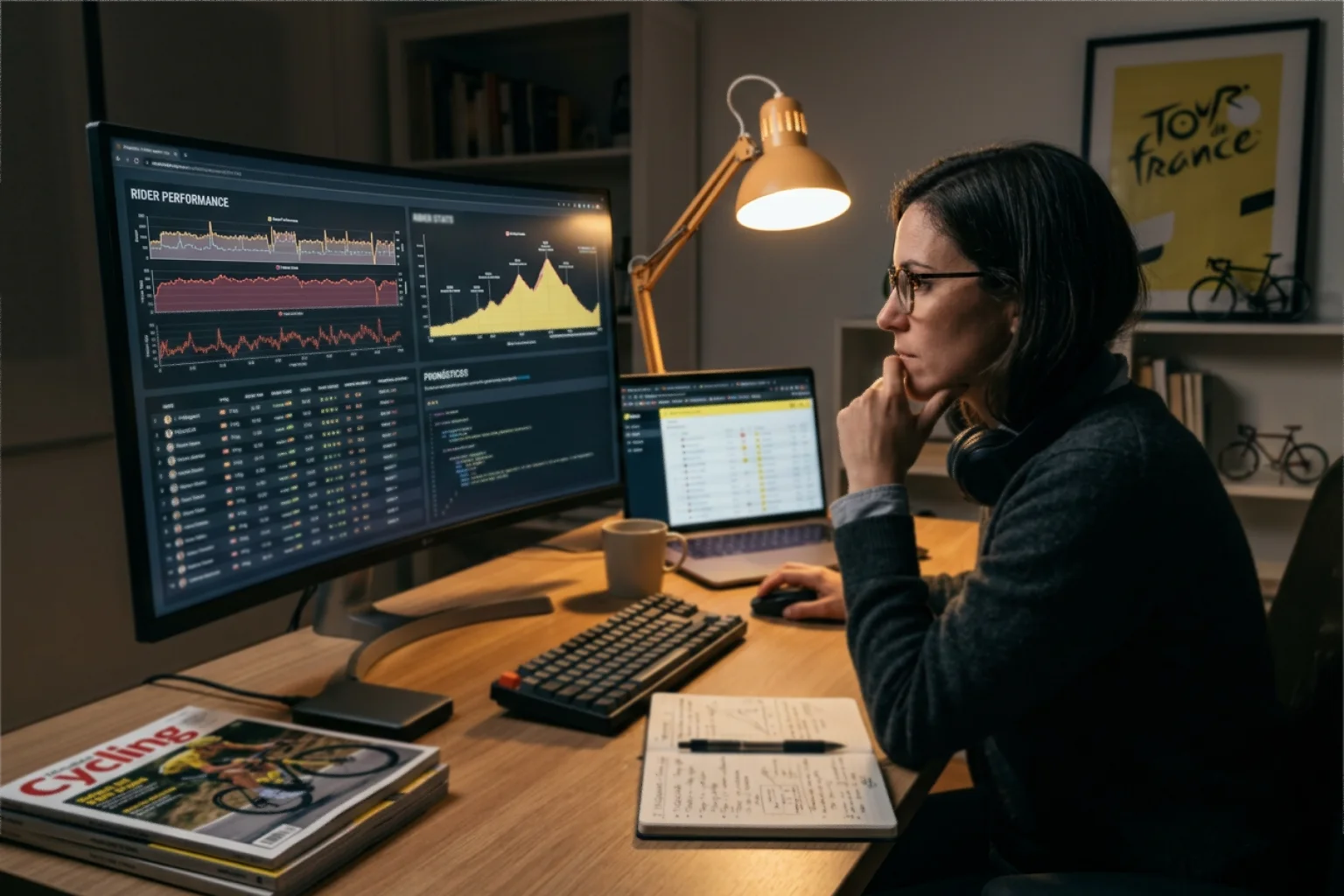 Persona analizando datos de ciclismo en una pantalla con gráficos y tablas de rendimiento de corredores