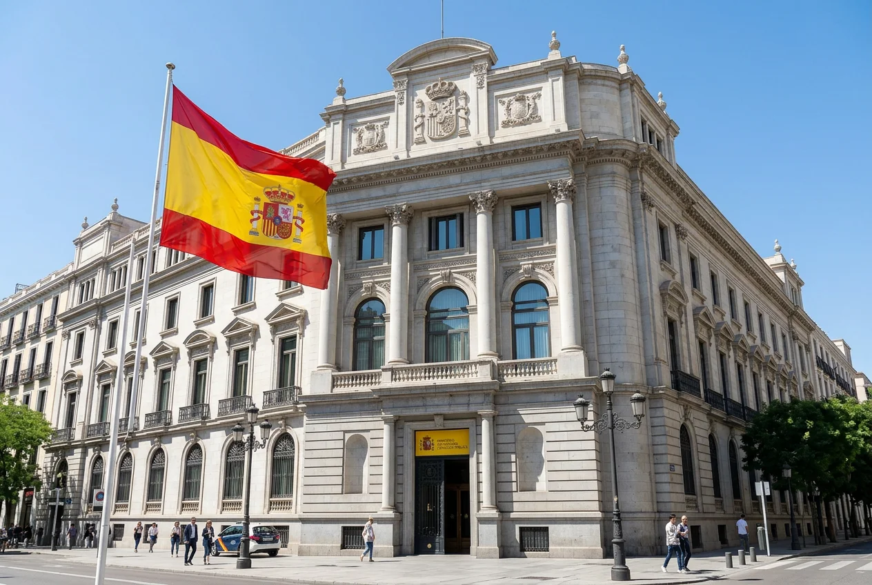 Fachada del edificio de la DGOJ en Madrid con la bandera de España ondeando al lado