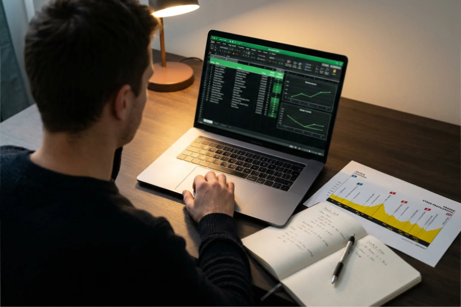 Persona analizando estadísticas de ciclismo profesional en un escritorio con gráficos y notas de apuestas