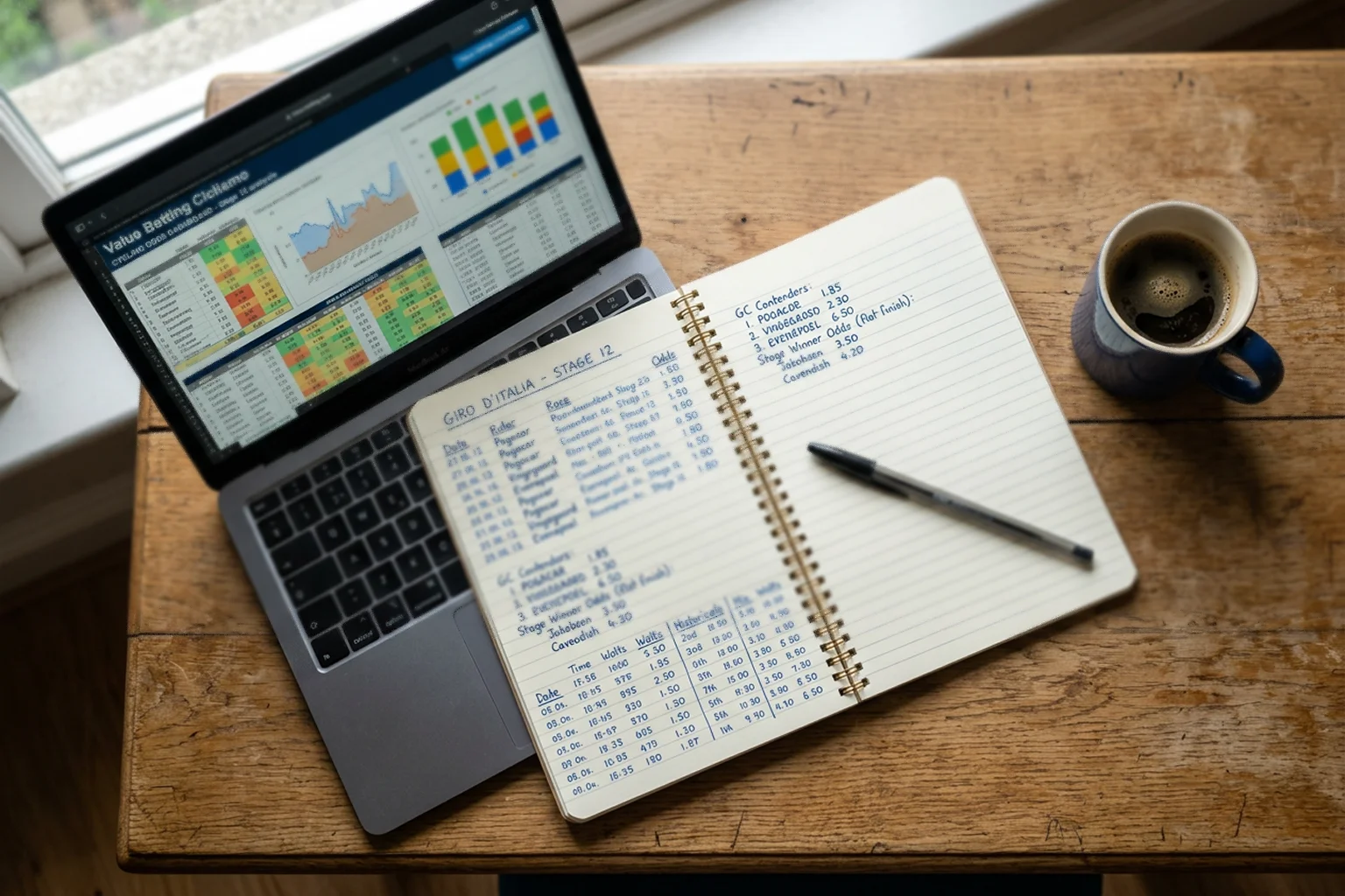 Cuaderno abierto con anotaciones de cuotas y estadísticas de ciclismo junto a un portátil mostrando datos de carrera
